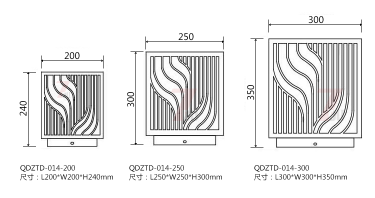 (QDZTD-014)古铜拉丝割花方形矮柱柱头灯200mm、250mm、300mm尺寸示意图